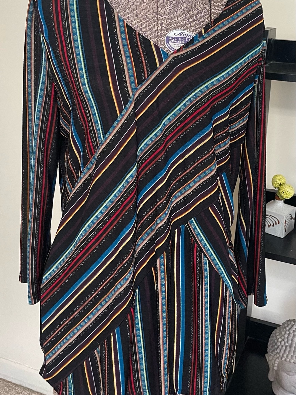 Dana Buchman Black Multi-Striped Faux Wrap Long Sleeve Dress
